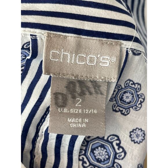 Chico’s Blue Floral & Striped Button-Up Shirt Classic Collared Blouse Size 12/14 - Picture 6 of 6